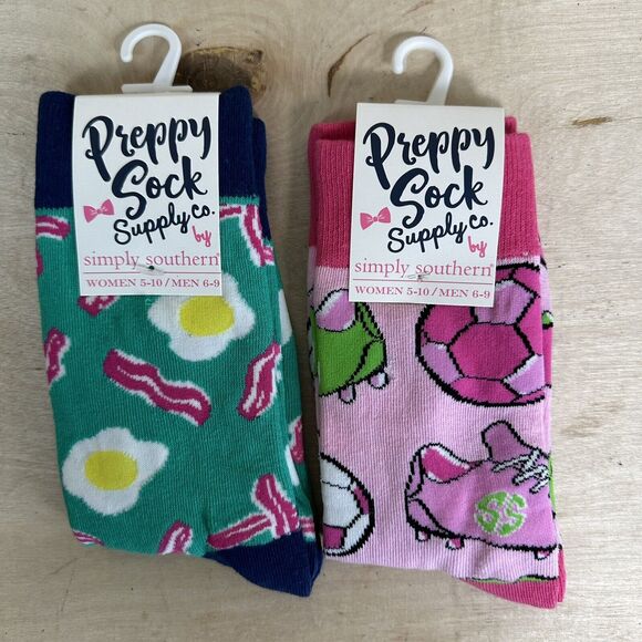 Lot 2 Pairs Simply Southern Preppy Socks Supply Co. Soccer Breakfast Bacon Eggs - Picture 1 of 2